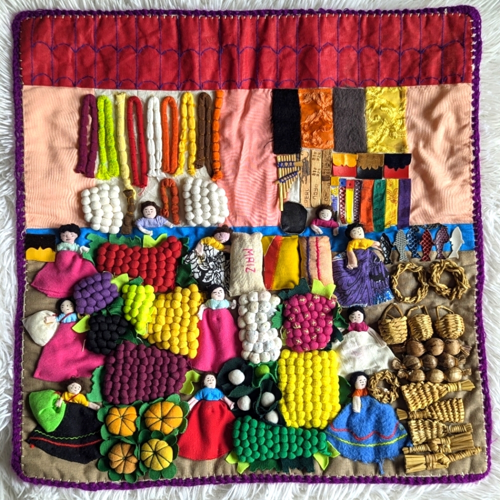 Vintage ARPILLERA Peruvian Folk Art Handmade Wall Tapestry Women Market Wood 3D